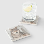 Grijze Wolf (Canis lupus) met één achterzijde Stenen Onderzetter (Zijkant)