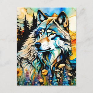 Grijze wolf en Wildbloemen Briefkaart