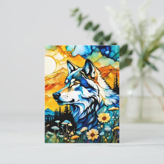 Grijze wolf en Wildbloemen Briefkaart (Staand voorkant)