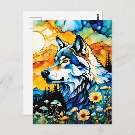 Grijze wolf en Wildbloemen Briefkaart (Voorkant / Achterkant)