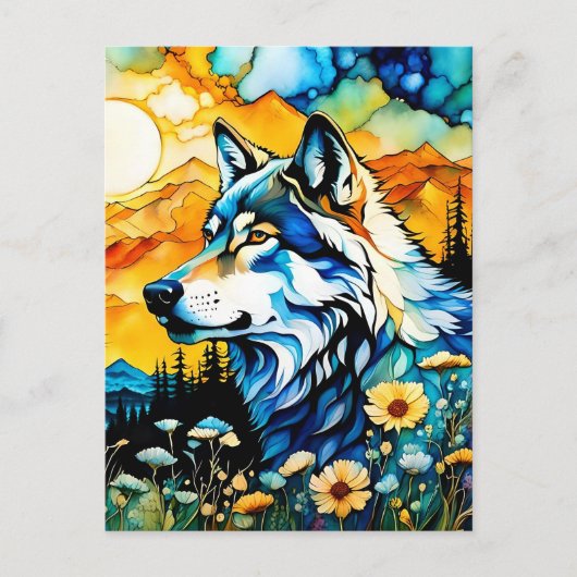Grijze wolf en Wildbloemen Briefkaart (Voorkant)