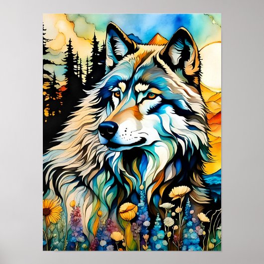 Grijze wolf en Wildbloemen Poster (Voorkant)