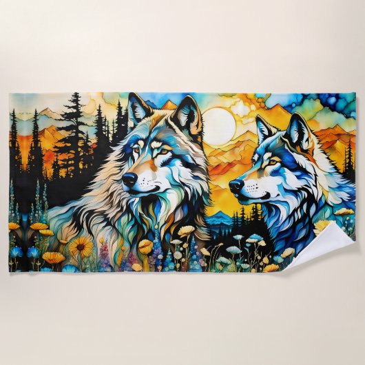 Grijze wolf en Wildbloemen Strandlaken (Voorkant)