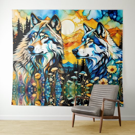 Grijze wolf en Wildbloemen Wandkleed (In Situ (horizontaal))