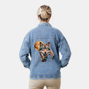 Grijze Wolf & Gouden Maan Teal *Personaliseer* Denim Jacket