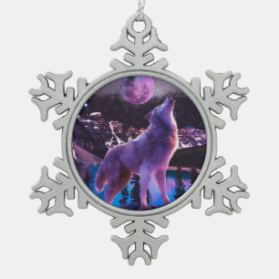 Grijze wolf in bos tin sneeuwvlok ornament
