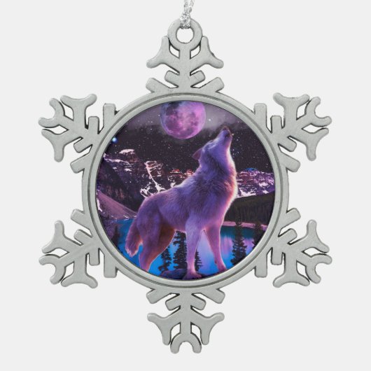 Grijze wolf in bos tin sneeuwvlok ornament (Voorkant)