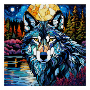 Grijze wolf in het bos gebrandschilderd glas perfect poster