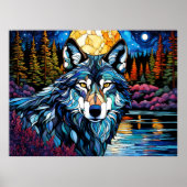 Grijze Wolf in het bos Glas in lood Kijk Poster (Voorkant)