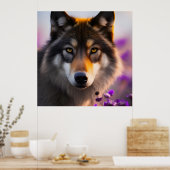 Grijze wolf in paarse bloemen poster (Keuken)