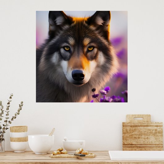 Grijze wolf in paarse bloemen poster (Keuken)