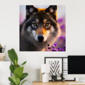 Grijze wolf in paarse bloemen poster (Thuiskantoor)