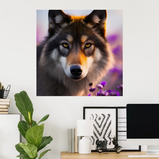 Grijze wolf in paarse bloemen poster (Thuiskantoor)