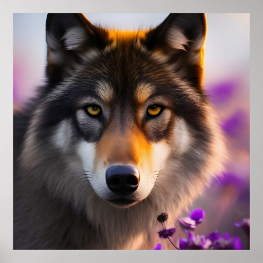 Grijze wolf in paarse bloemen poster (Voorkant)