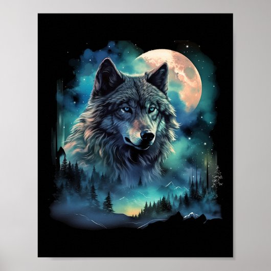 Grijze wolf jachtgebieden Icy Moon Forest Galaxy Poster (Voorkant)