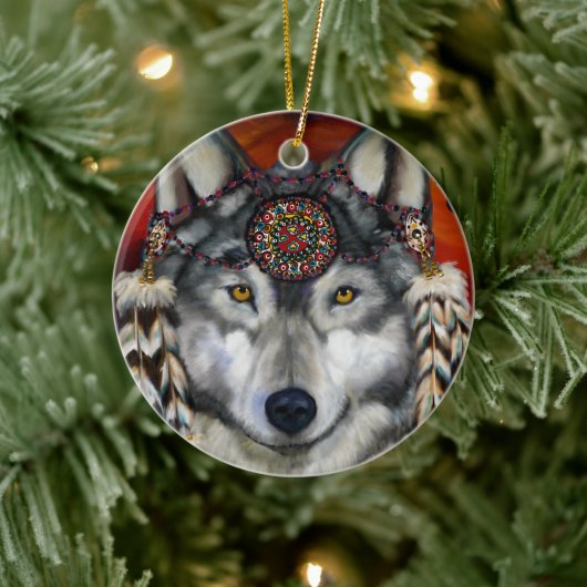 GRIJZE WOLF KERAMISCH ORNAMENT (Boom)