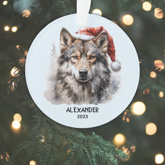 Grijze Wolf Kerstman Hoed Gepersonaliseerde Kerstm Ornament