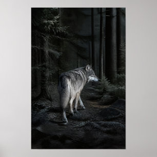 Grijze Wolf Lopend Door Donker Bos Natuur Kunst Poster