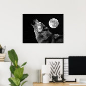 Grijze Wolf & Maan Poster Print (Thuiskantoor)
