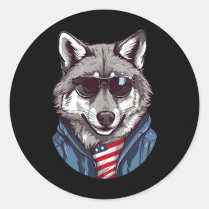 Grijze wolf met Amerikaanse vlag Amerikaanse Onafh Ronde Sticker