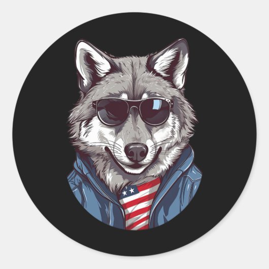 Grijze wolf met Amerikaanse vlag Amerikaanse Onafh Ronde Sticker (Voorkant)