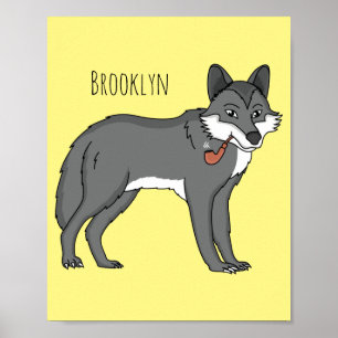 Grijze wolf met illustratie van de cartoon van pij poster
