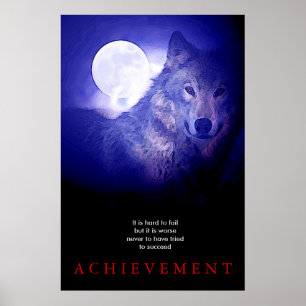 Grijze Wolf Motivatie Unieke Blauwe Nacht Fullmoon Poster