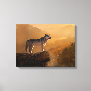 Grijze wolf op een rots in het bos canvas afdruk