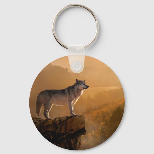 Grijze wolf op een rots in het bos sleutelhanger (Voorkant)
