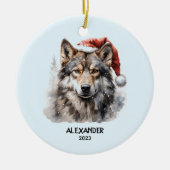 Grijze Wolf Rode Witte Kerstman Hoed Gepersonalise Keramisch Ornament (Voorkant)