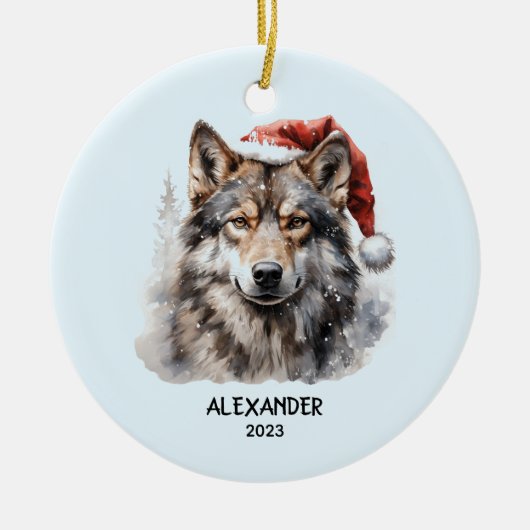 Grijze Wolf Rode Witte Kerstman Hoed Gepersonalise Keramisch Ornament (Voorkant)