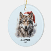 Grijze Wolf Rode Witte Kerstman Hoed Gepersonalise Keramisch Ornament (Links)