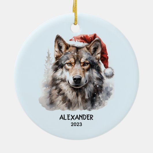Grijze Wolf Rode Witte Kerstman Hoed Gepersonalise Keramisch Ornament (Achterkant)