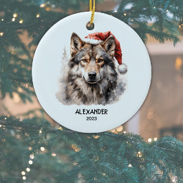 Grijze Wolf Rode Witte Kerstman Hoed Gepersonalise Keramisch Ornament