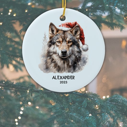 Grijze Wolf Rode Witte Kerstman Hoed Gepersonalise Keramisch Ornament