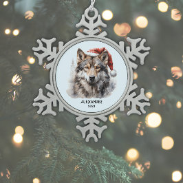 Grijze Wolf Santa Hat gepersonaliseerd Tin Sneeuwvlok Ornament