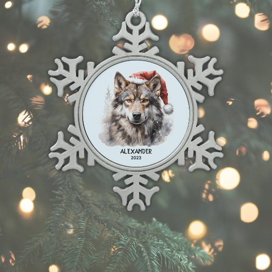 Grijze Wolf Santa Hat gepersonaliseerd Tin Sneeuwvlok Ornament
