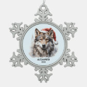Grijze Wolf Santa Hat gepersonaliseerd Tin Sneeuwvlok Ornament (Voorkant)