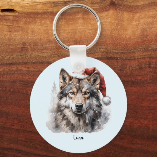 Grijze Wolf Santa Hat Monogram Naam Jaar Kerstmis Sleutelhanger (Achterkant)