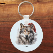 Grijze Wolf Santa Hat Monogram Naam Jaar Kerstmis Sleutelhanger (Voorkant)