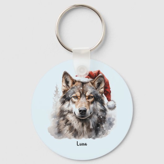 Grijze Wolf Santa Hat Monogram Naam Jaar Kerstmis Sleutelhanger (Achterkant)