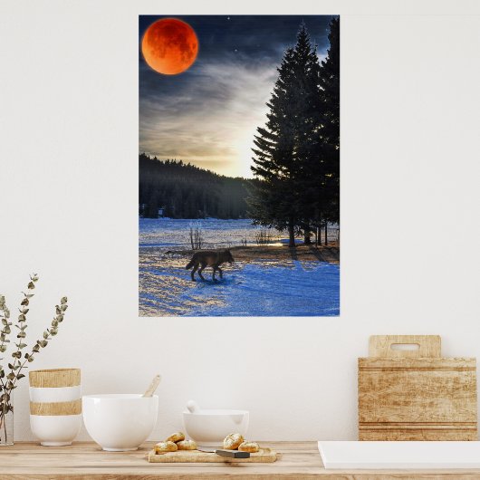 Grijze Wolf, sneeuw, bloedmaan en meer in het wild Poster (Keuken)