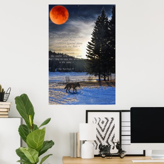 Grijze Wolf, sneeuw, bloedmaan & meer met Wolf ged Poster (Thuiskantoor)