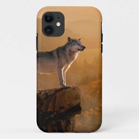 Grijze wolf staande op een rots in het bos Case-Mate iPhone case (Achterkant)