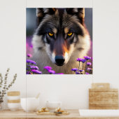 Grijze wolf Stare - roze en paarse bloemen Poster (Keuken)