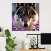Grijze wolf Stare - roze en paarse bloemen Poster (Thuiskantoor)