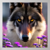 Grijze wolf Stare - roze en paarse bloemen Poster (Voorkant)