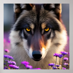Grijze wolf Stare - roze en paarse bloemen Poster