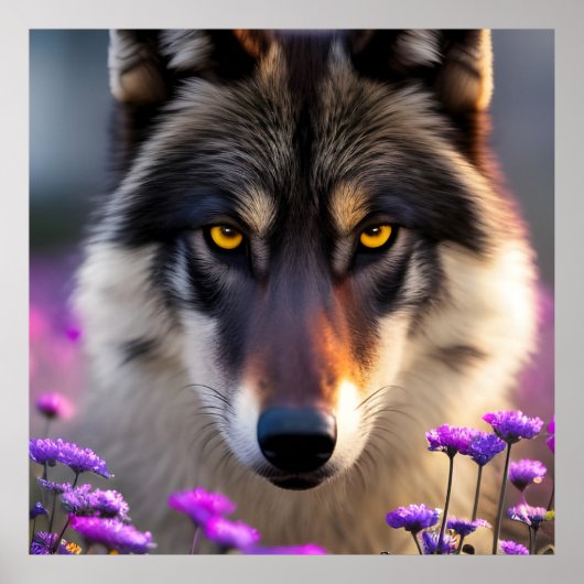 Grijze wolf Stare - roze en paarse bloemen Poster (Voorkant)