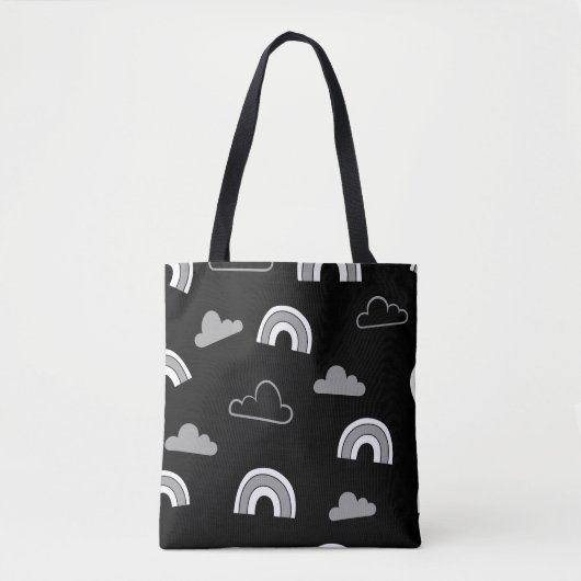 Grijze wolken en regenbogen op zwarte Canvas tas (Voorkant)